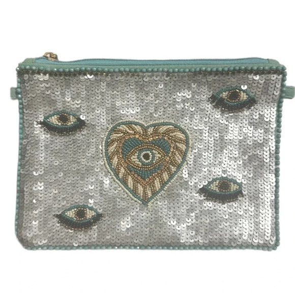 TORTUGA HANDMADE BEADED AND SEQUIN EVIL EYE CLUTCH ENVELOPE BAG
SILVER-TURQUOISE - Picture 1 of 3